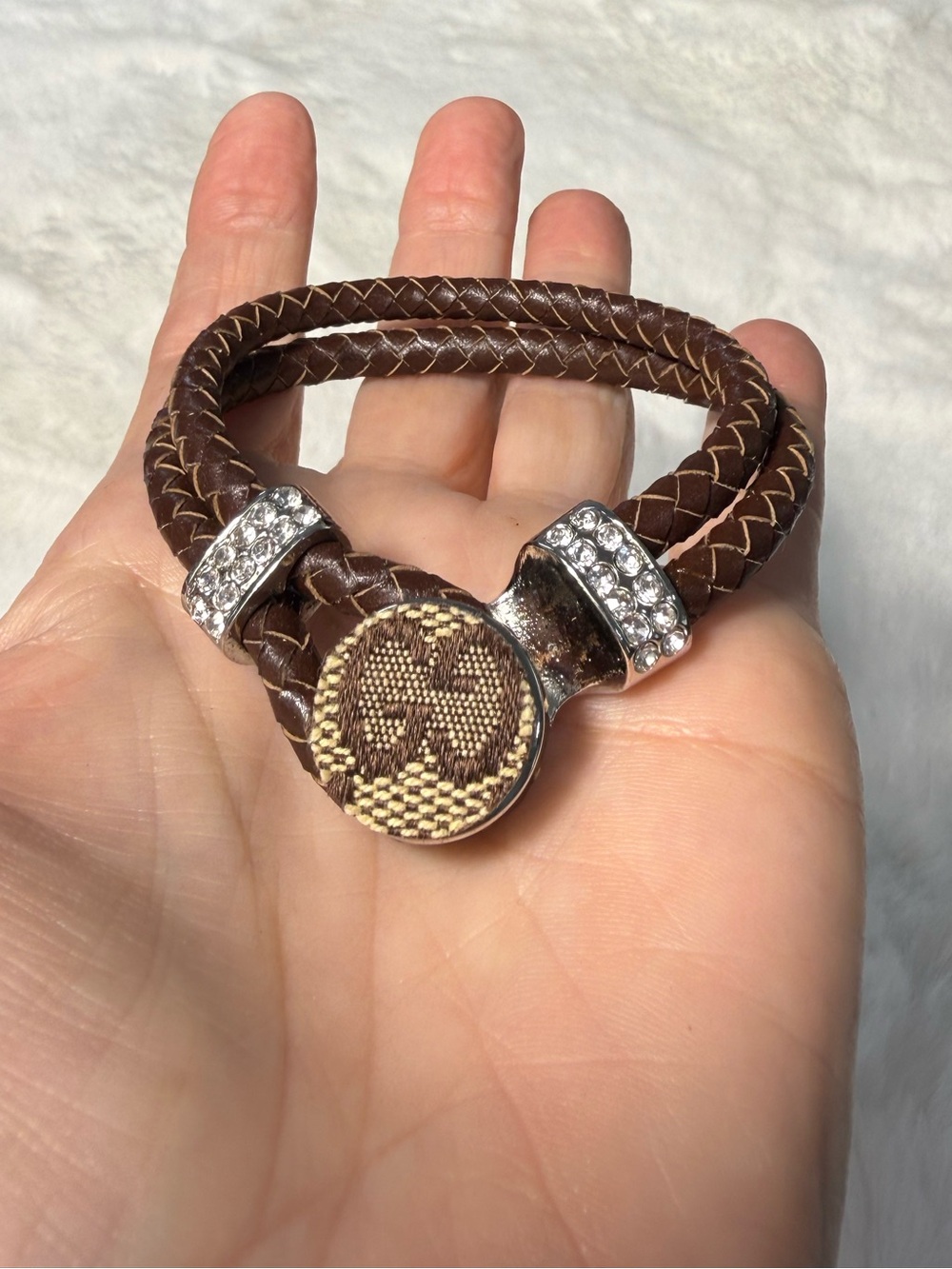 Gucci upcycled charm Brown Braided Leather Bracelet with Rhinestone Accents